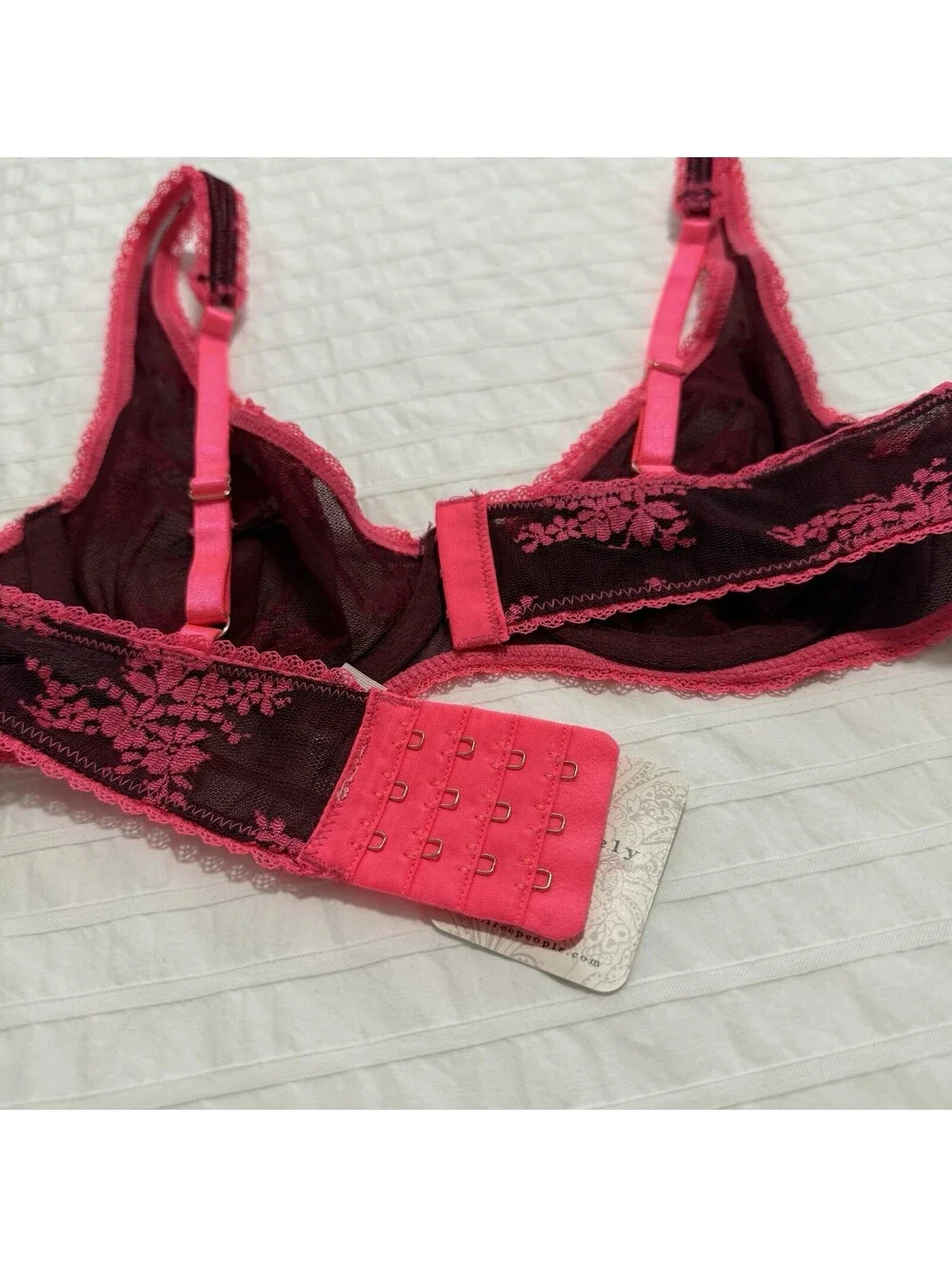 Intimately Free People 32B Talk About It Mesh Lace Underwire Bra Burgundy Pink